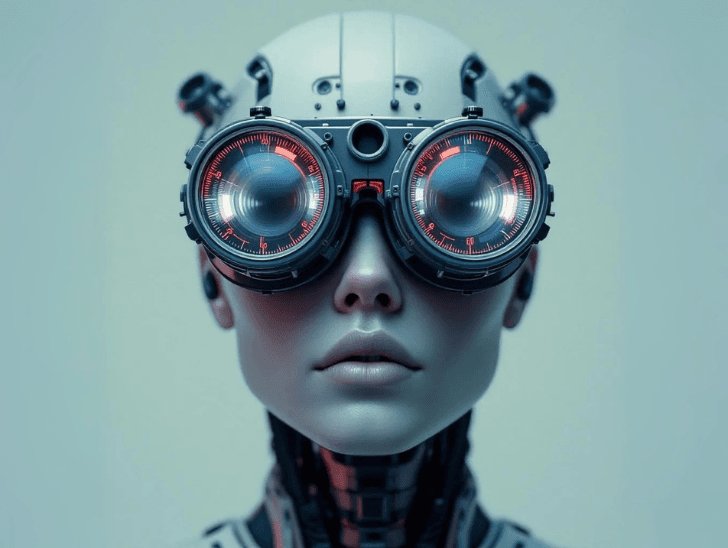 Futuristic humanoid robot with sensor goggles